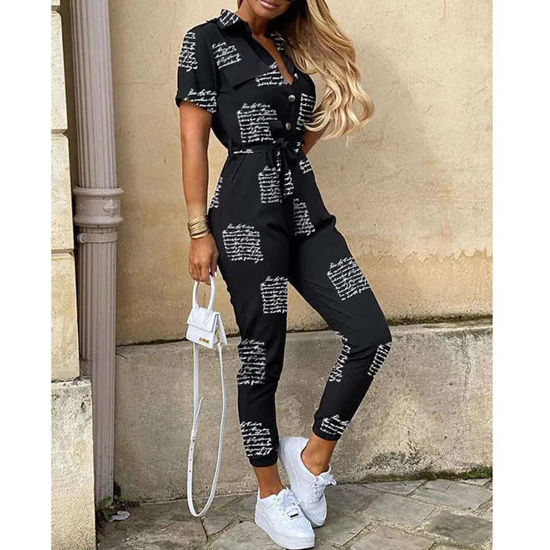 Summer Women's New Fashion Flip Collar Button Print Belt Lace Up Work Dress Casual Capris Jumpsuit Office