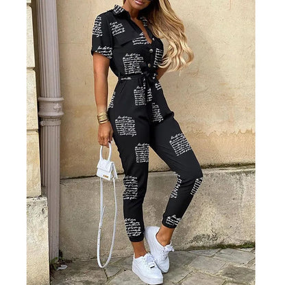 Summer Women's New Fashion Flip Collar Button Print Belt Lace Up Work Dress Casual Capris Jumpsuit Office