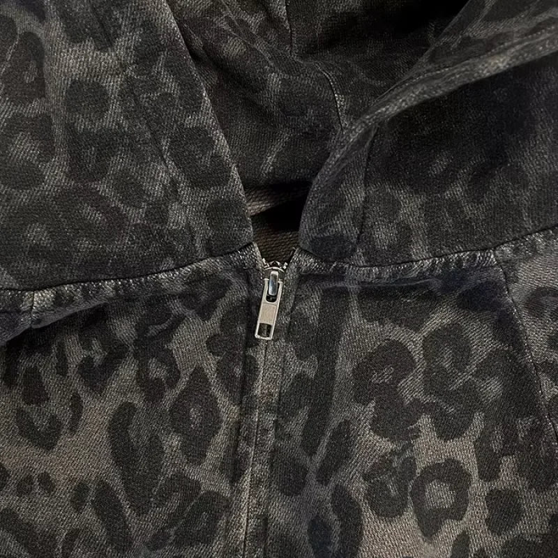 2025 Autumn/Winter European and American Warm Harajuku New Leopard Pattern Dark Design Fashion Zipper Hoodie