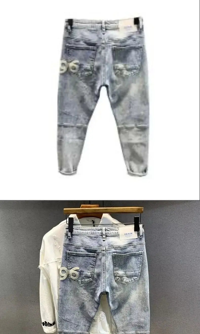 Men's Retro Jeans Casual Spring Autumn Slim Pencil Pants Vintage Distressed Motorcycle Stitching Embroidery Washed Skinny Jeans