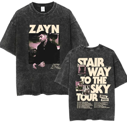 Washed Vintage Zayn Malik Startway To The Sky Tour 2025 Album T Shirts Men's Hip Hop Gothic Punk Short Sleeve T-Shirt Streetwear
