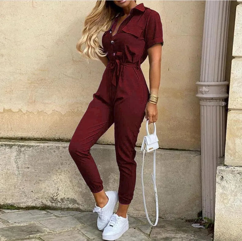 Summer Women's New Fashion Flip Collar Button Print Belt Lace Up Work Dress Casual Capris Jumpsuit Office