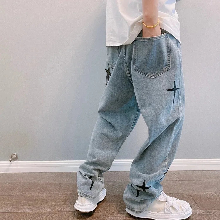 Boyfriend Vintage Fashion Straight Casual Loose Denim Cargo Pants Men Designer Prints Star Jeans Streetwear Loose Wide Leg Jeans