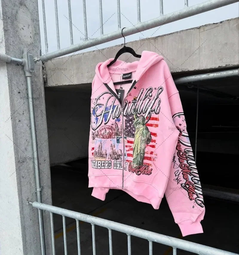 American Retro Letter Casual Loose Zipper Hoodie Men New Street Hip-hop Fashion Y2K Harajuku Oversized Sweatshirt Women