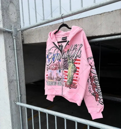 American Retro Letter Casual Loose Zipper Hoodie Men New Street Hip-hop Fashion Y2K Harajuku Oversized Sweatshirt Women