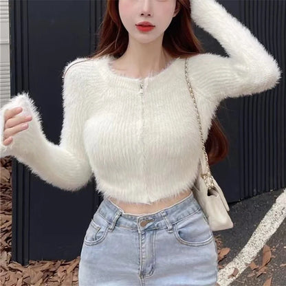 Y2K Knitted Plush Short Cardigan Sweaters Women 2025 Autumn Winter New Zipper Cardigan Female Vintage Trend Sexy Crop Tops