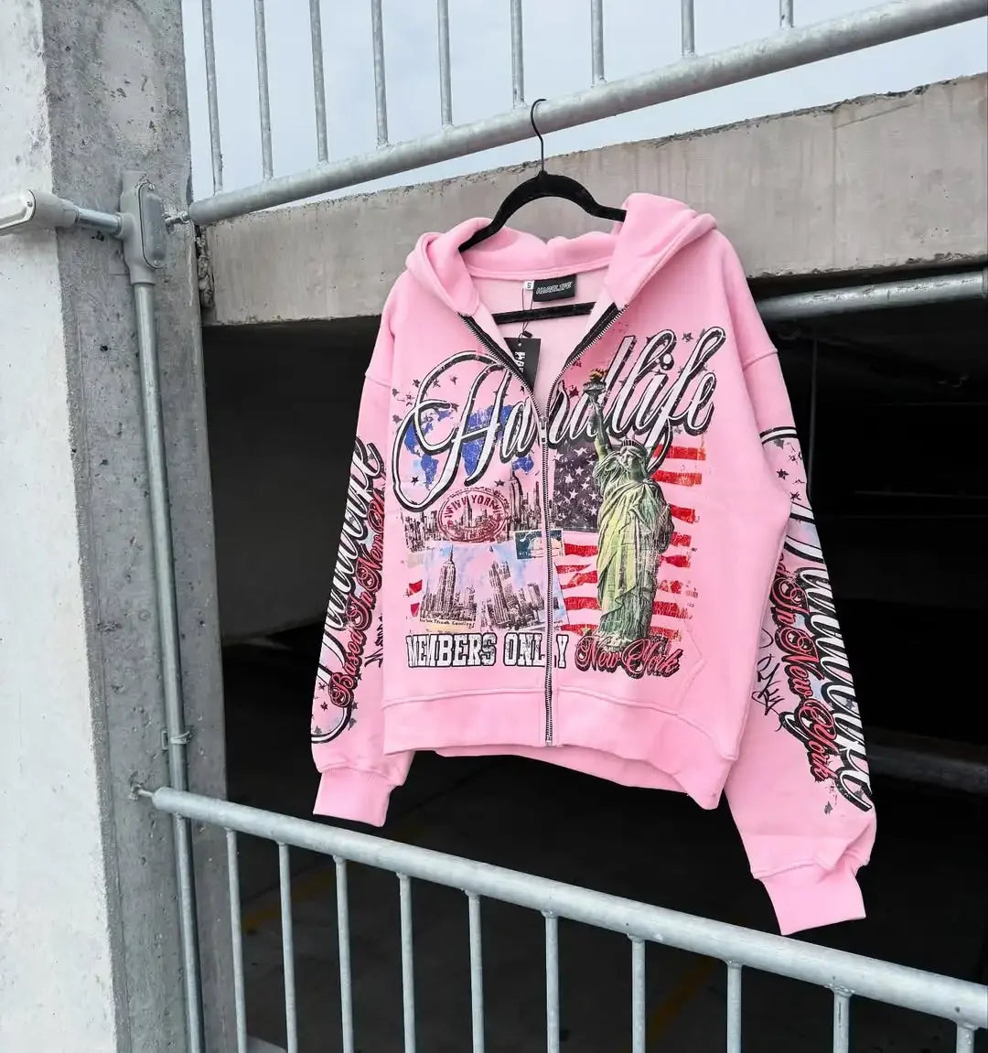 American Retro Letter Casual Loose Zipper Hoodie Men New Street Hip-hop Fashion Y2K Harajuku Oversized Sweatshirt Women