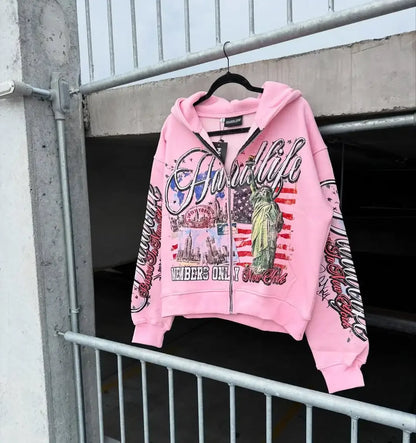 American Retro Letter Casual Loose Zipper Hoodie Men New Street Hip-hop Fashion Y2K Harajuku Oversized Sweatshirt Women