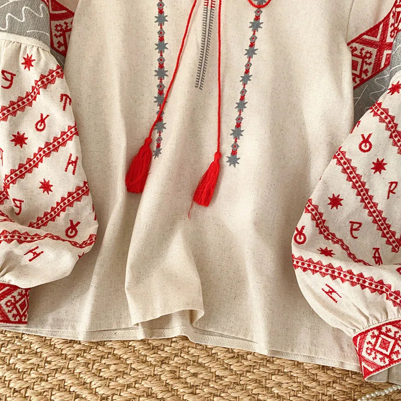 New Women's Bohemia Blouse Embroidered Autumn Spring O-neck Collar Bow Tie Lantern Sleeve Top Blusas Mujer Female Tops BL021