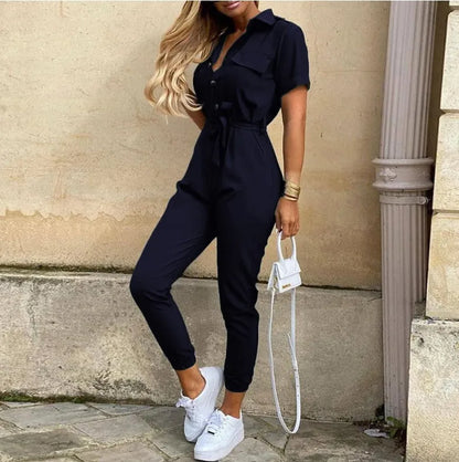 Summer Women's New Fashion Flip Collar Button Print Belt Lace Up Work Dress Casual Capris Jumpsuit Office