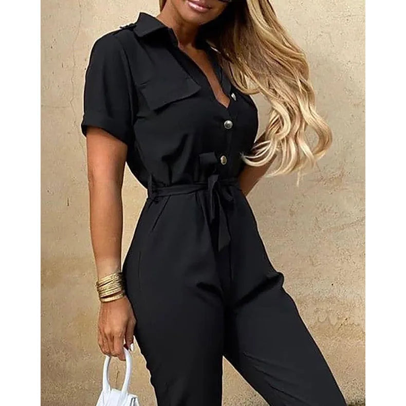 Summer Women's New Fashion Flip Collar Button Print Belt Lace Up Work Dress Casual Capris Jumpsuit Office
