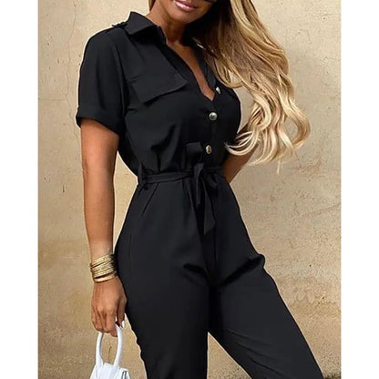 Summer Women's New Fashion Flip Collar Button Print Belt Lace Up Work Dress Casual Capris Jumpsuit Office