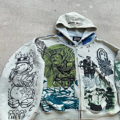 Y2K Fashion Retro Hoodie Oversized Abstract Graphic Printing Casual Distressed Zip Up Hoodie Men Women Hip Hop Trend Streetwear