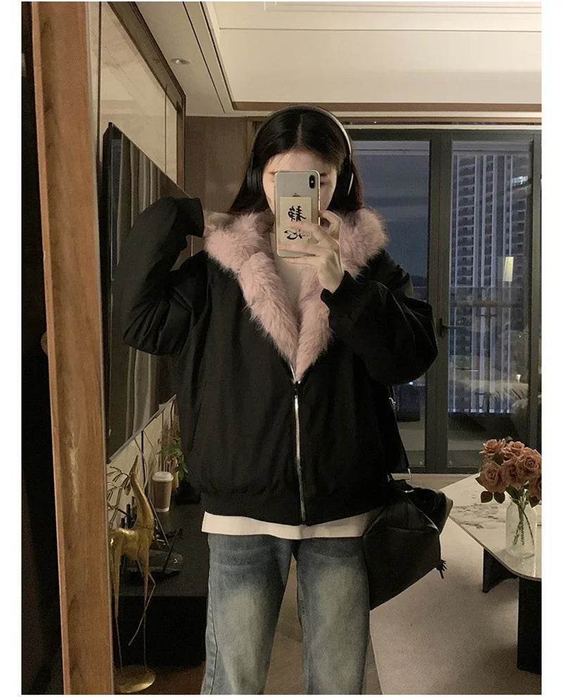 Double Sided Winter Coat Women Clothing Imitation Mink Fur Fur Hooded Cotton Jacket Female Warm Cotton-padded Clothes Outerwea