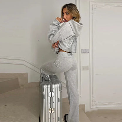 Casual Sequin Wings Hooded Sweatshirt Pant Set Women Gray Loose Full Sleeve Pullover Suit 2025 Autumn Winter Lady Daily Outfit