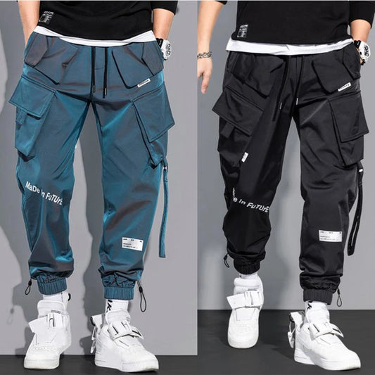 Thin Streetwear Casual Pants Men Ribbons Harem Jogging Pants Male Slim Fit Spring Cargo Pants Multi-Pockets Women Trouser K1299