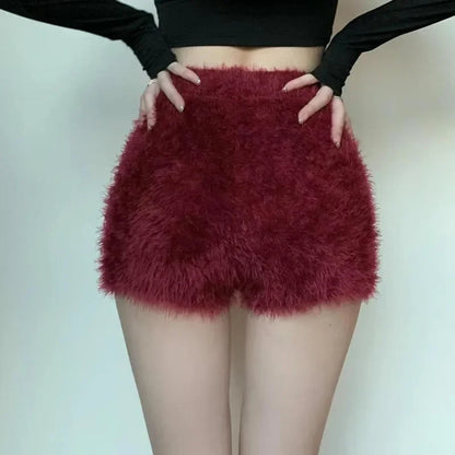 Womens Plush Shorts Slim High Waist Winter Autumn Thick Velvet Pants Aesthetic Elegant Cute Y2k Korean Shorts for Female New