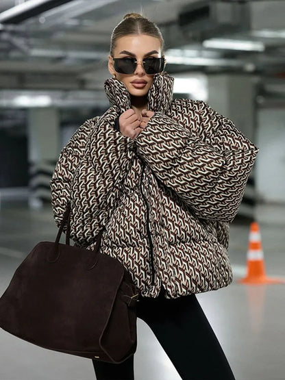 Oversized Printed Stand Collar Zipper Padded Jacket Women Elegant Long Sleeve Loose Autumn Winter Coats Fashion Ladies Outerwear