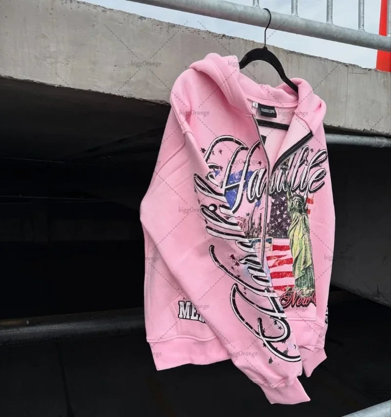 American Retro Letter Casual Loose Zipper Hoodie Men New Street Hip-hop Fashion Y2K Harajuku Oversized Sweatshirt Women