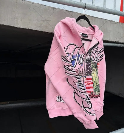 American Retro Letter Casual Loose Zipper Hoodie Men New Street Hip-hop Fashion Y2K Harajuku Oversized Sweatshirt Women