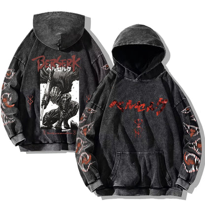 Berserk Printed Washed Hoodies Gothic Vintage Cotton Hooded Sweatshirt Y2k Oversized Long Sleeve Pullover Men Women Retro Hoodie