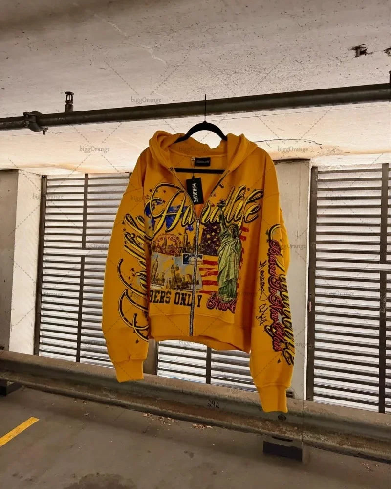 American Retro Letter Casual Loose Zipper Hoodie Men New Street Hip-hop Fashion Y2K Harajuku Oversized Sweatshirt Women