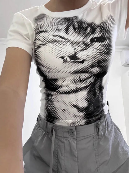 wild cat print low pixel round neck short sleeved T-shirt retro versatile slimming short top