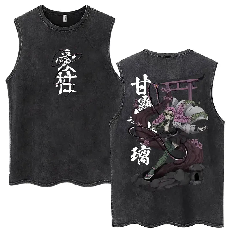 Japan Anime Demon Slayer Washed Tank Tops Hashibira Inosuke The Boar Face Manga T Shirt Men Women Loose Cotton Sleeveless Tshirt