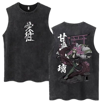 Japan Anime Demon Slayer Washed Tank Tops Hashibira Inosuke The Boar Face Manga T Shirt Men Women Loose Cotton Sleeveless Tshirt
