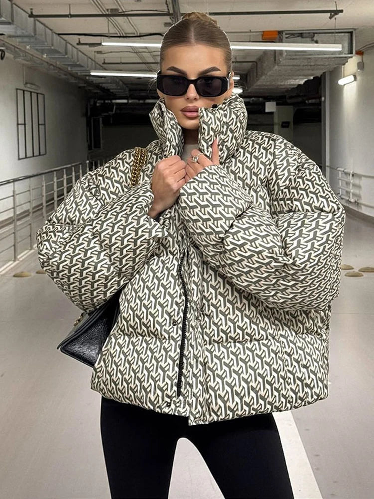Oversized Printed Stand Collar Zipper Padded Jacket Women Elegant Long Sleeve Loose Autumn Winter Coats Fashion Ladies Outerwear