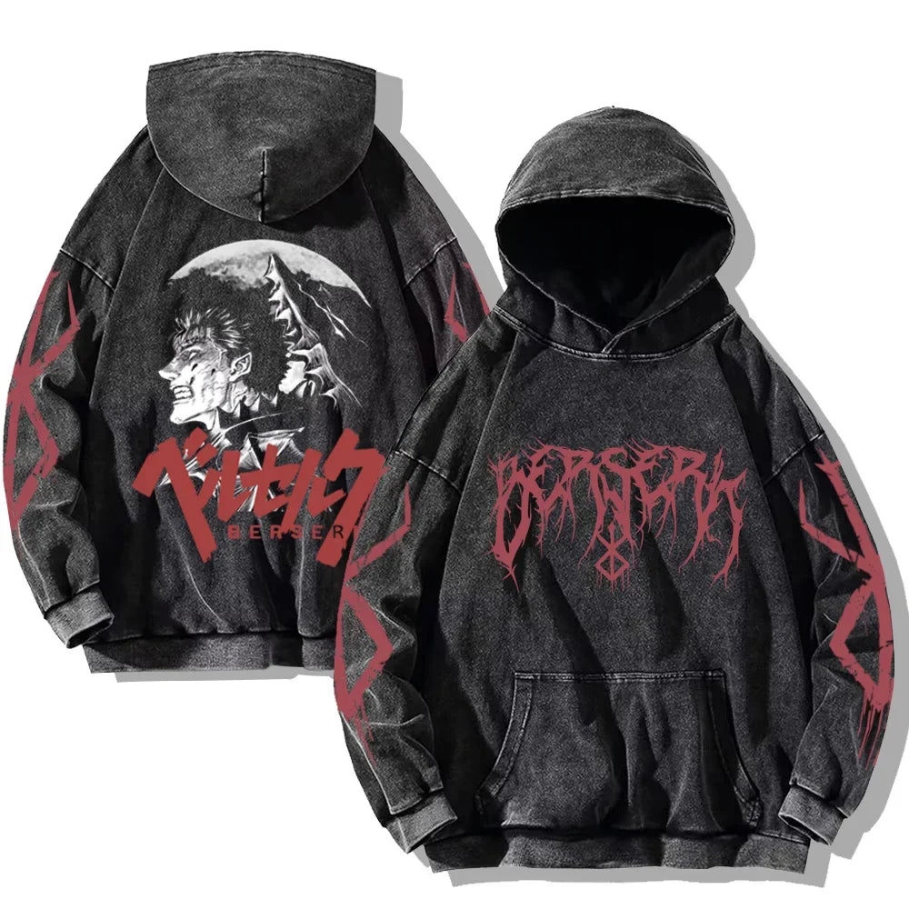 Berserk Printed Washed Hoodies Gothic Vintage Cotton Hooded Sweatshirt Y2k Oversized Long Sleeve Pullover Men Women Retro Hoodie