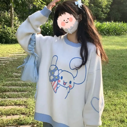 Anime Cinnamoroll Women Sweater Sanrio My Melody Kawaii Autumn Winter Preppy Student Girl Sweater Round Neck Tops Loose Sweet