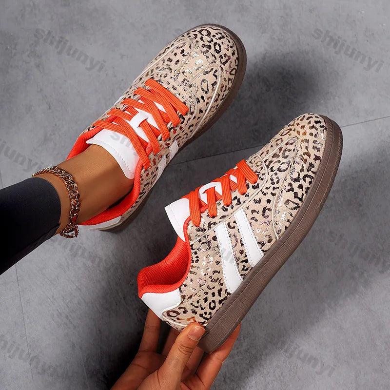 Sneakers Women 2025 New Fashion Outdoor Lace-up Leopard Casual Shoes Female Lightweight Comfortable Non Slip Flat Shoes