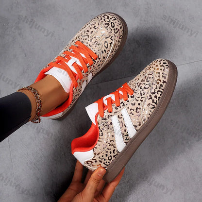 Sneakers Women 2025 New Fashion Outdoor Lace-up Leopard Casual Shoes Female Lightweight Comfortable Non Slip Flat Shoes