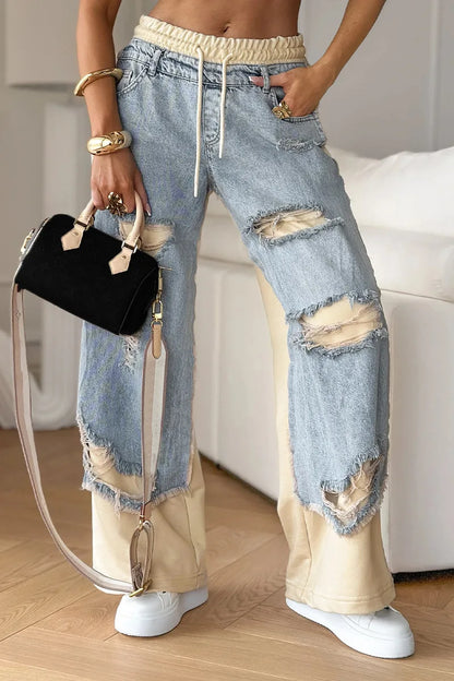 Jeans Wide Leg Pants Women Hole Trousers Elastic Waist Lace Up Stretch Patchwork Distressed Ripped Denims Vintage Streetwear