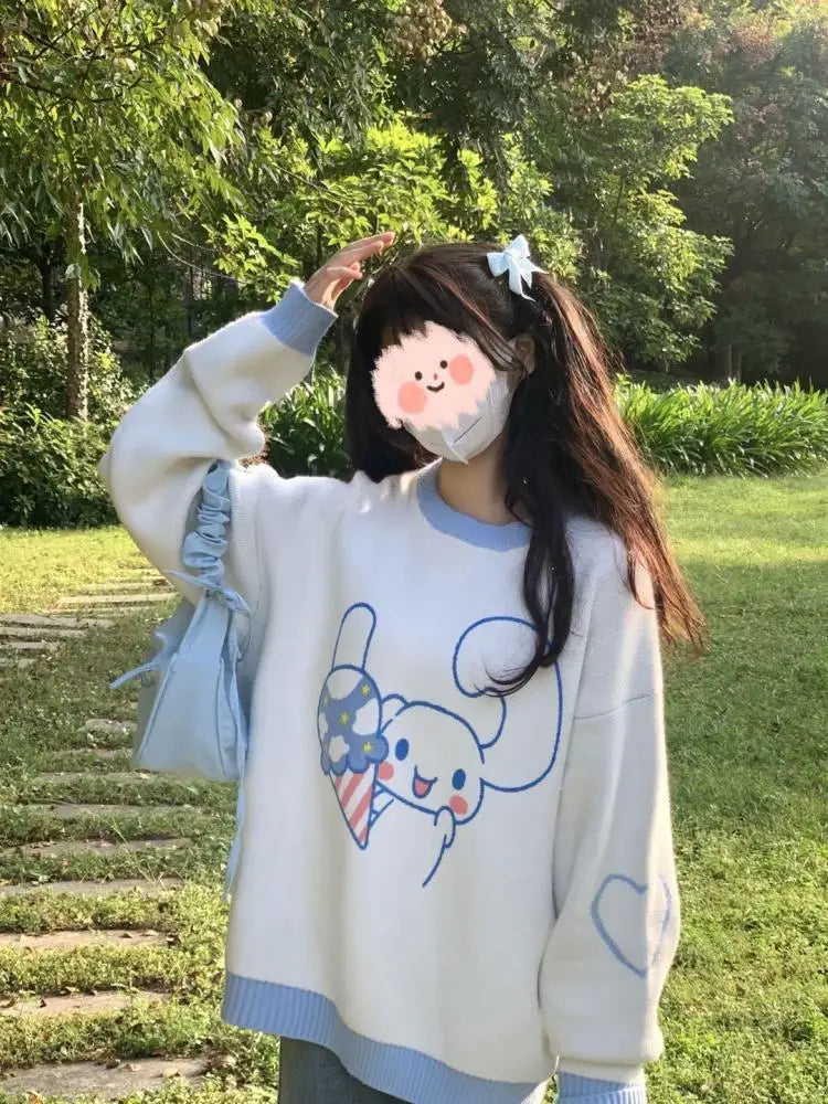 Anime Cinnamoroll Women Sweater Sanrio My Melody Kawaii Autumn Winter Preppy Student Girl Sweater Round Neck Tops Loose Sweet