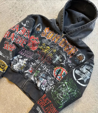 Y2k American Fashion Personality Versatile Anime Printed Zipper Hoodie Men Vintage Goth Dark Style Oversized Sweatshirt Women