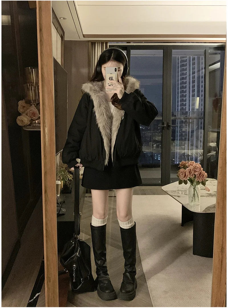 Double Sided Winter Coat Women Clothing Imitation Mink Fur Fur Hooded Cotton Jacket Female Warm Cotton-padded Clothes Outerwea