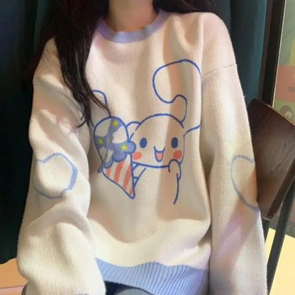 Anime Cinnamoroll Women Sweater Sanrio My Melody Kawaii Autumn Winter Preppy Student Girl Sweater Round Neck Tops Loose Sweet
