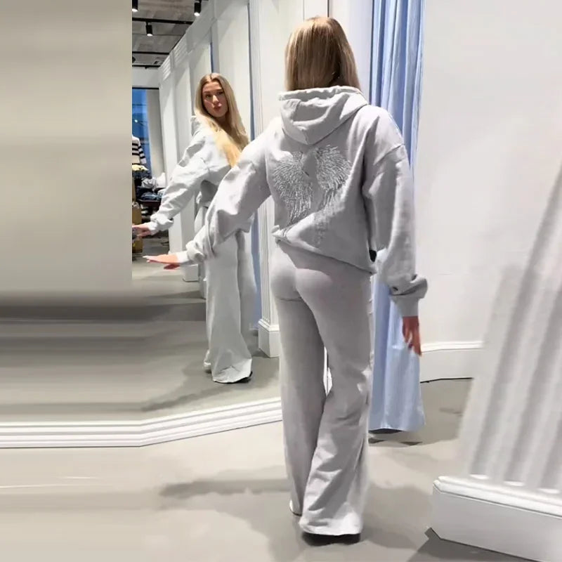 Casual Sequin Wings Hooded Sweatshirt Pant Set Women Gray Loose Full Sleeve Pullover Suit 2025 Autumn Winter Lady Daily Outfit