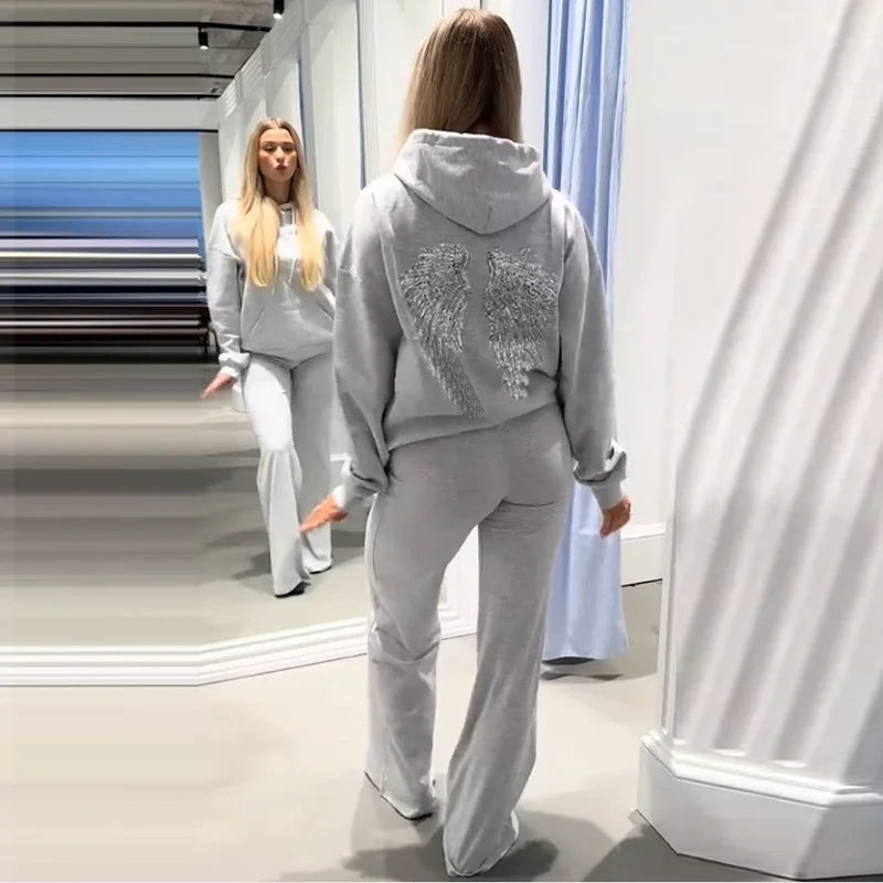 Casual Sequin Wings Hooded Sweatshirt Pant Set Women Gray Loose Full Sleeve Pullover Suit 2025 Autumn Winter Lady Daily Outfit