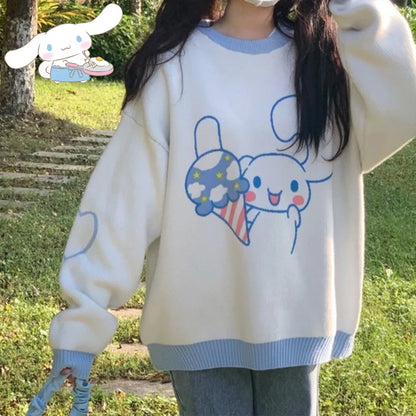 Anime Cinnamoroll Women Sweater Sanrio My Melody Kawaii Autumn Winter Preppy Student Girl Sweater Round Neck Tops Loose Sweet