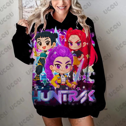 Autumn Fashion Kawaii KPop Demon Hunters Print Hoodies For Women Long Sleeve Sweatshirts Casual Pullover Oversized Y2K Tops