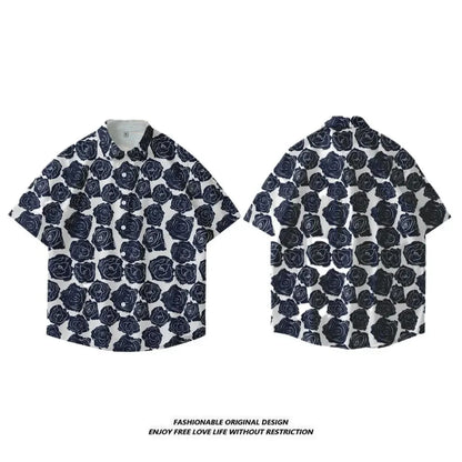 American Vintage Floral 3D Print Hawaiian Style Loose Short Sleeve Shirt