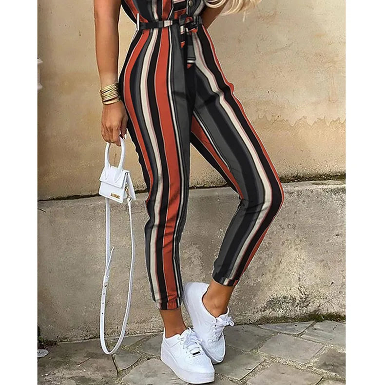 Summer Women's New Fashion Flip Collar Button Print Belt Lace Up Work Dress Casual Capris Jumpsuit Office
