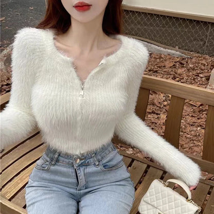 Y2K Knitted Plush Short Cardigan Sweaters Women 2025 Autumn Winter New Zipper Cardigan Female Vintage Trend Sexy Crop Tops
