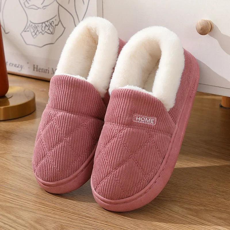 New Corduroy Cotton Slippers for Women Home Warm Shoes Soft Plush Anti-slip Couples Indoor Warm Non-slip Slides Footwear 2024