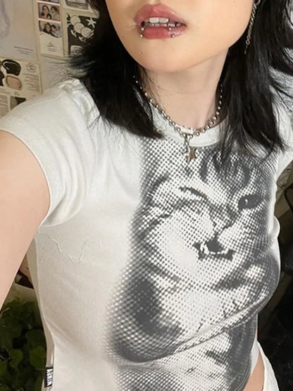 wild cat print low pixel round neck short sleeved T-shirt retro versatile slimming short top