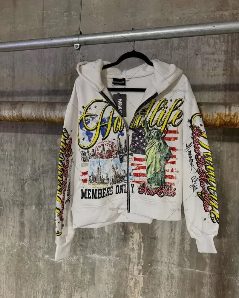 American Retro Letter Casual Loose Zipper Hoodie Men New Street Hip-hop Fashion Y2K Harajuku Oversized Sweatshirt Women