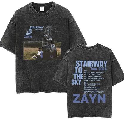 Washed Vintage Zayn Malik Startway To The Sky Tour 2025 Album T Shirts Men's Hip Hop Gothic Punk Short Sleeve T-Shirt Streetwear